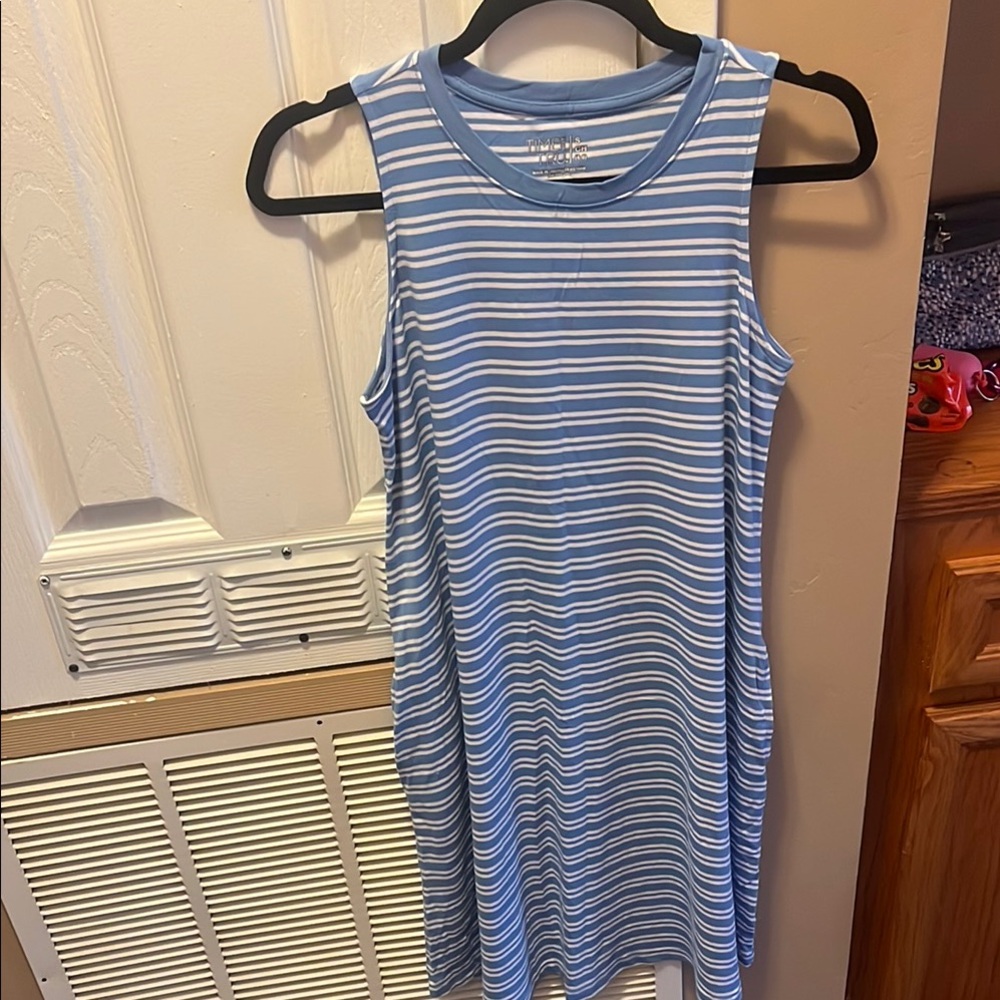 Blue and White Striped Sleeveless Dress